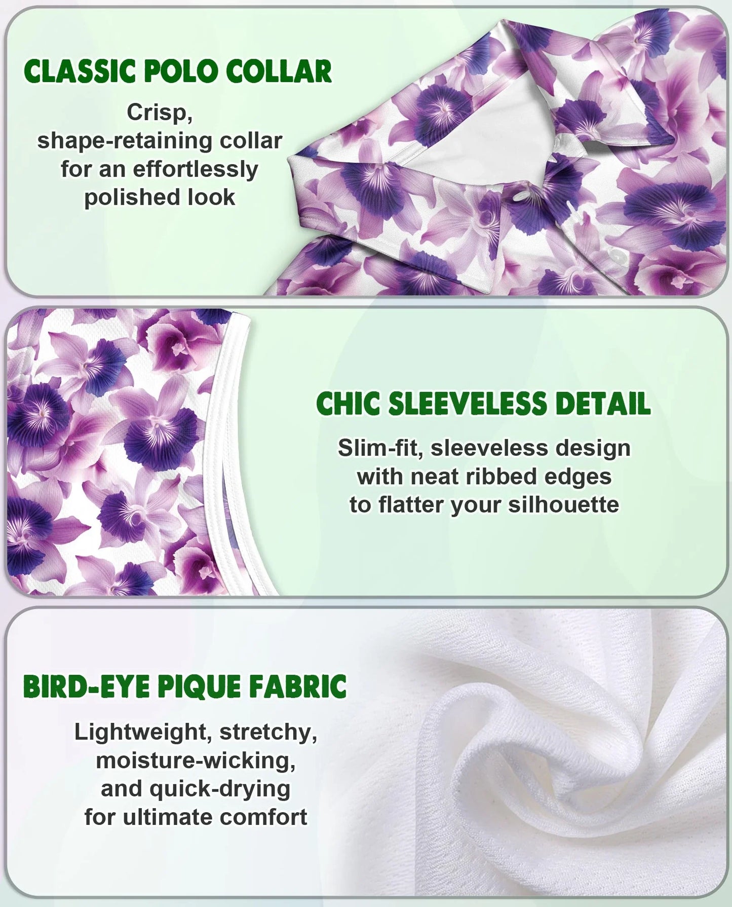 Purple Orchid Flower Sleeveless Polo Shirt for Women, Elegant Floral Style | Azhawaiian