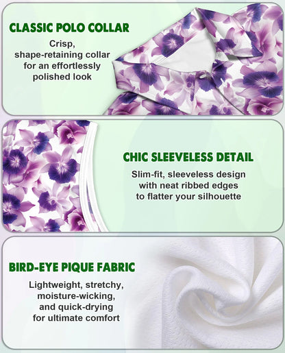 Purple Orchid Flower Sleeveless Polo Shirt for Women, Elegant Floral Style | Azhawaiian
