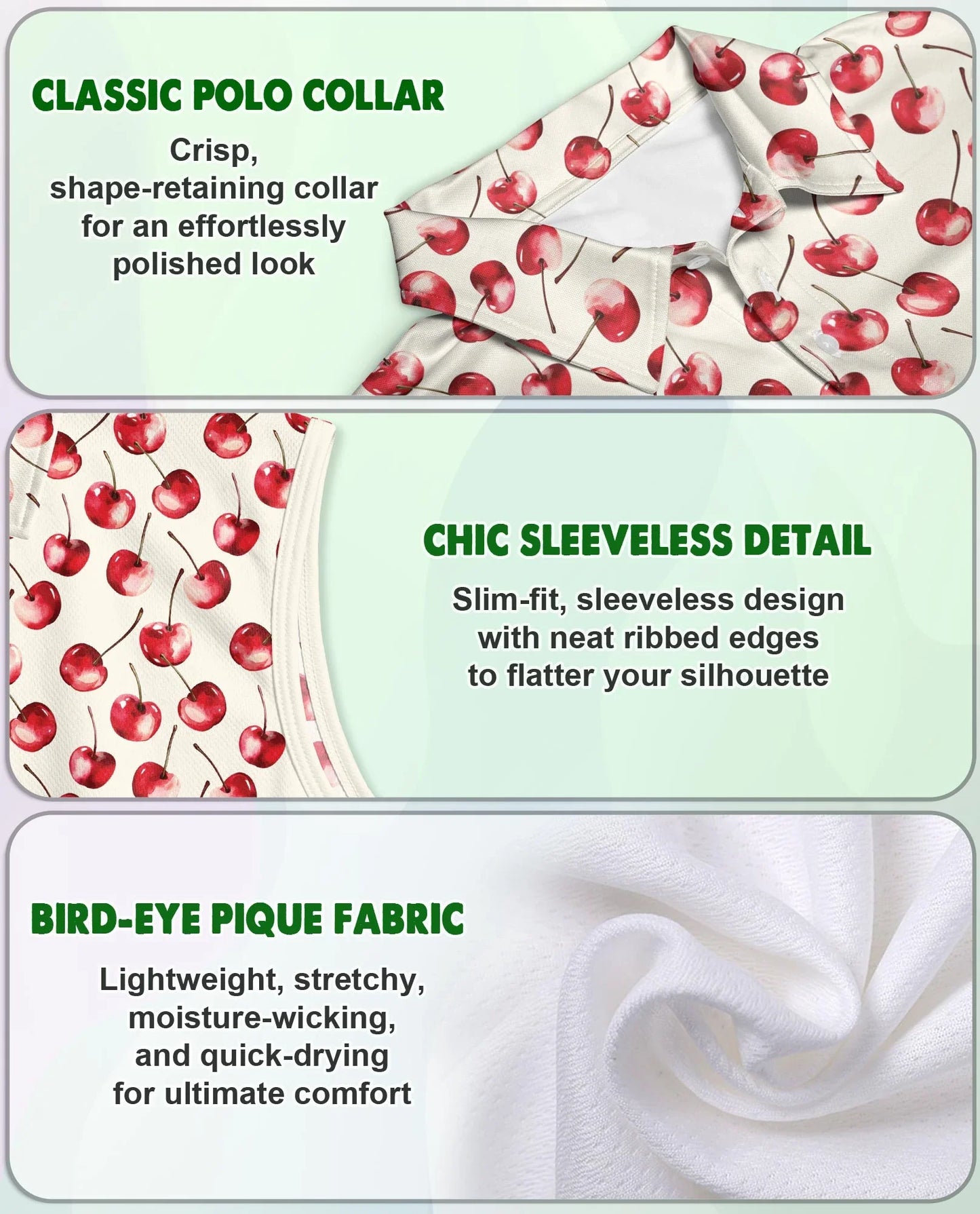 Cherry Pattern Sleeveless Polo Shirt for Women | Azhawaiian