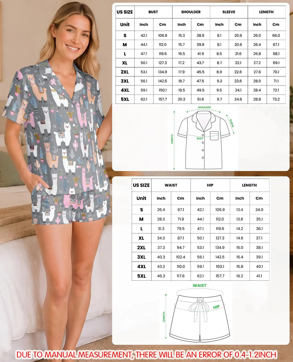 Cute Llama Pajama Set for Women – Pastel Alpaca & Cactus Print