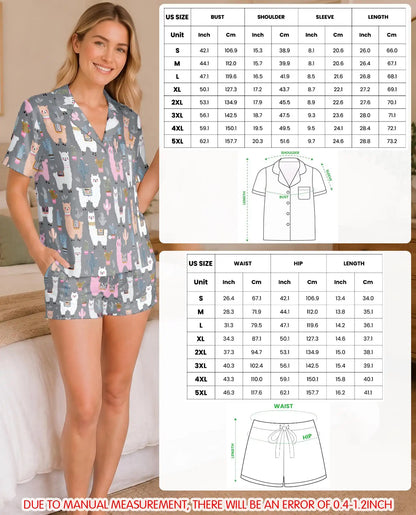 Cute Llama Pajama Set for Women – Pastel Alpaca & Cactus Print