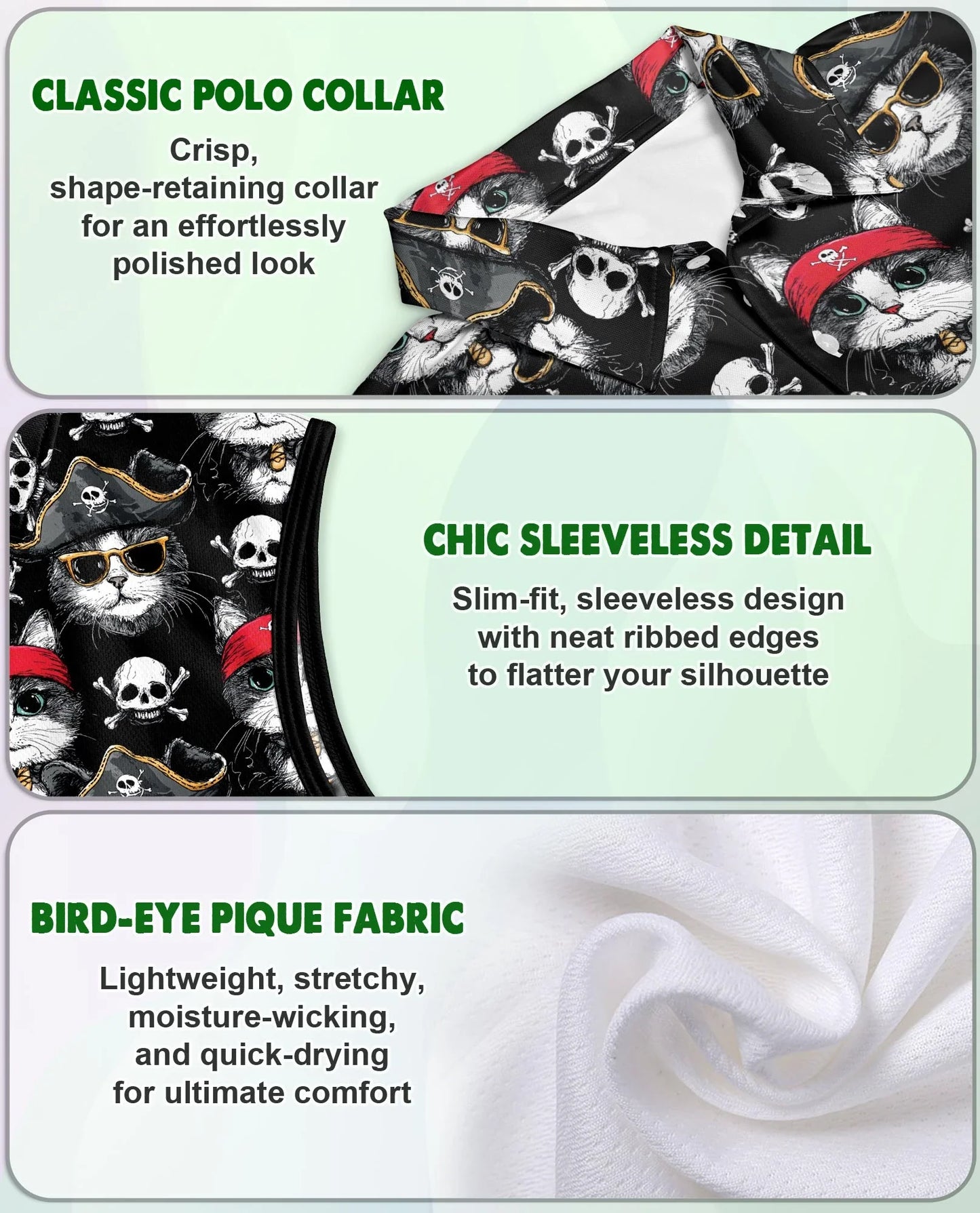 Pirate Cat Sleeveless Polo Shirt for Women | Azhawaiian