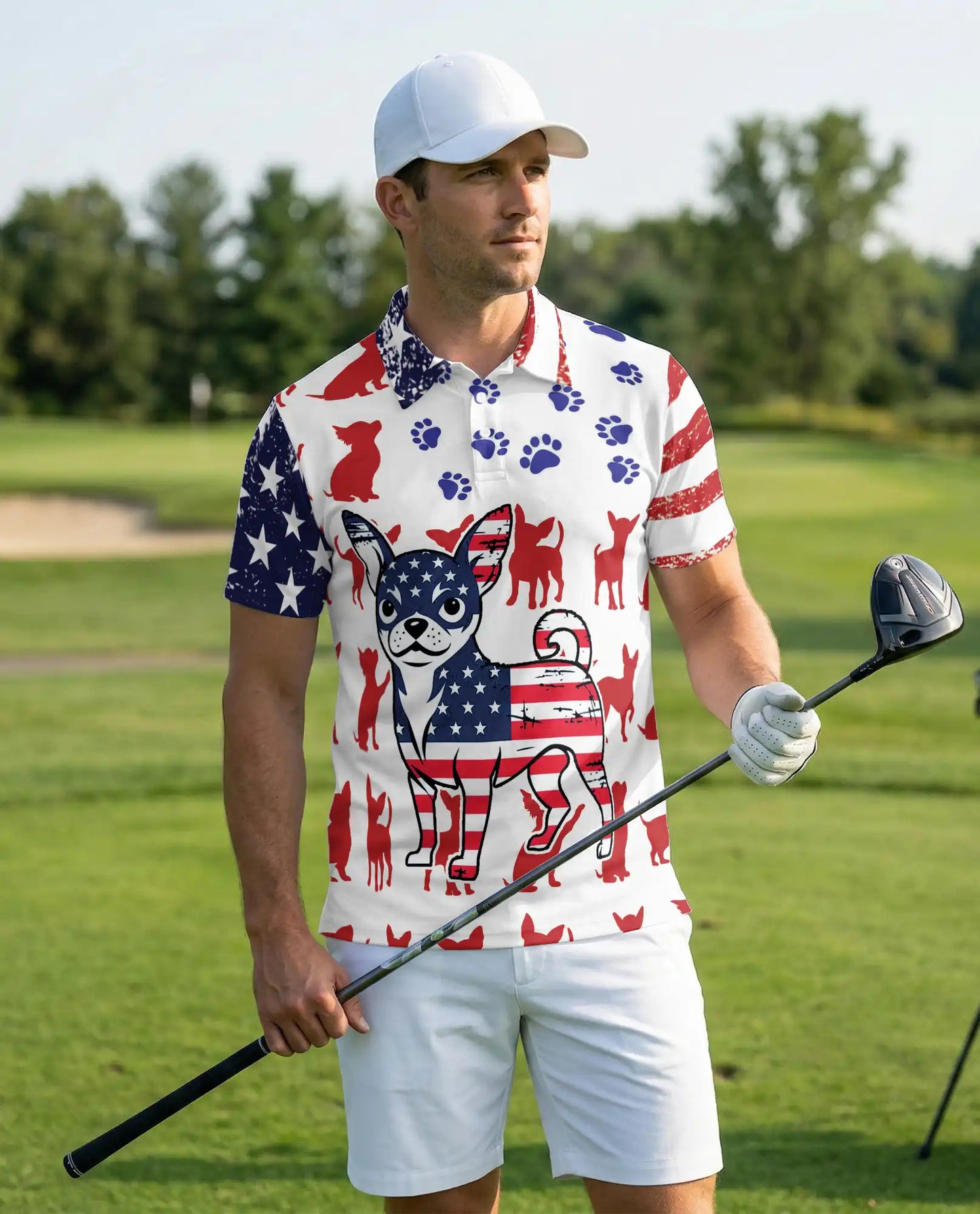 Patriotic Chihuahua Polo Shirt, American Flag Dog Print | Azhawaiian