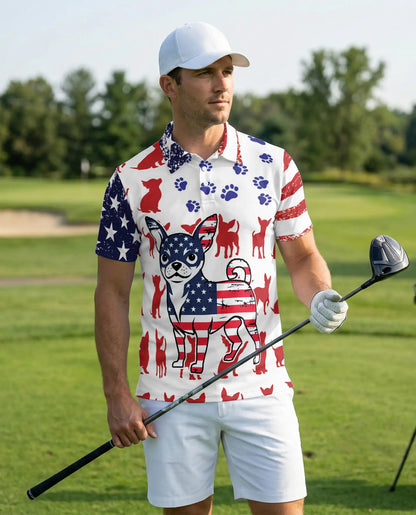 Patriotic Chihuahua Polo Shirt, American Flag Dog Print | Azhawaiian