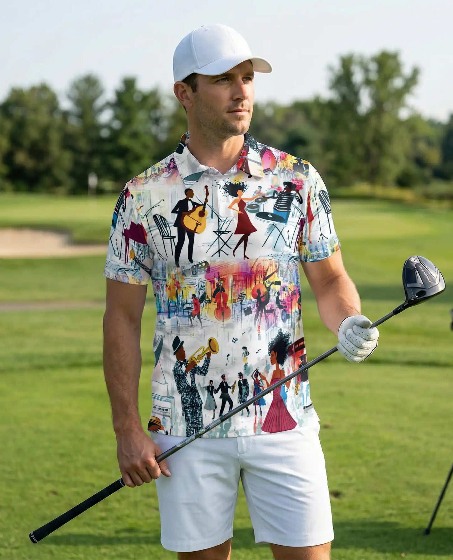 Jazz Music Party 3D Polo Shirt for Men, Colorful Retro Musician Style | Azhawaiian
