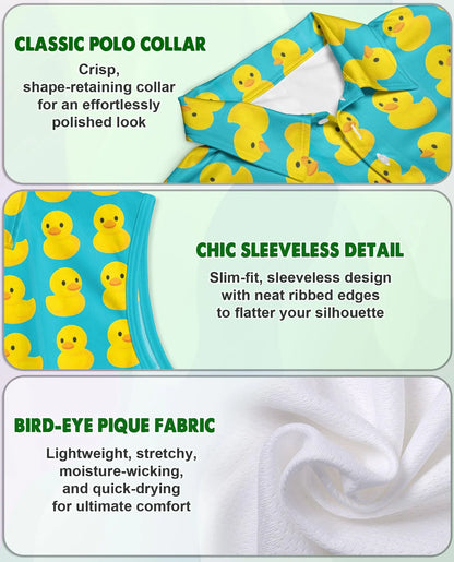 Cute Duck Print Sleeveless Polo Shirt for Women, Adorable Animal Style | Azhawaiian