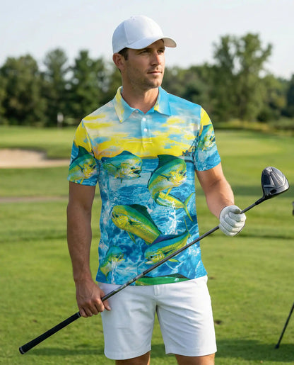 Mahi Mahi Fishing 3D Polo Shirt for Men, Tropical Ocean Angler Style | Azhawaiian