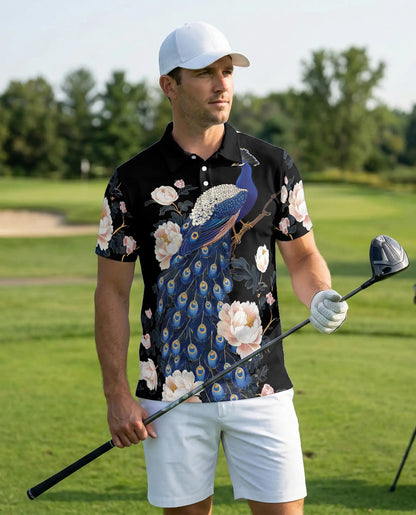 Elegant Peacock Floral Polo Shirt for Men-  Blue Peacock Bird Pattern | Azhawaiian