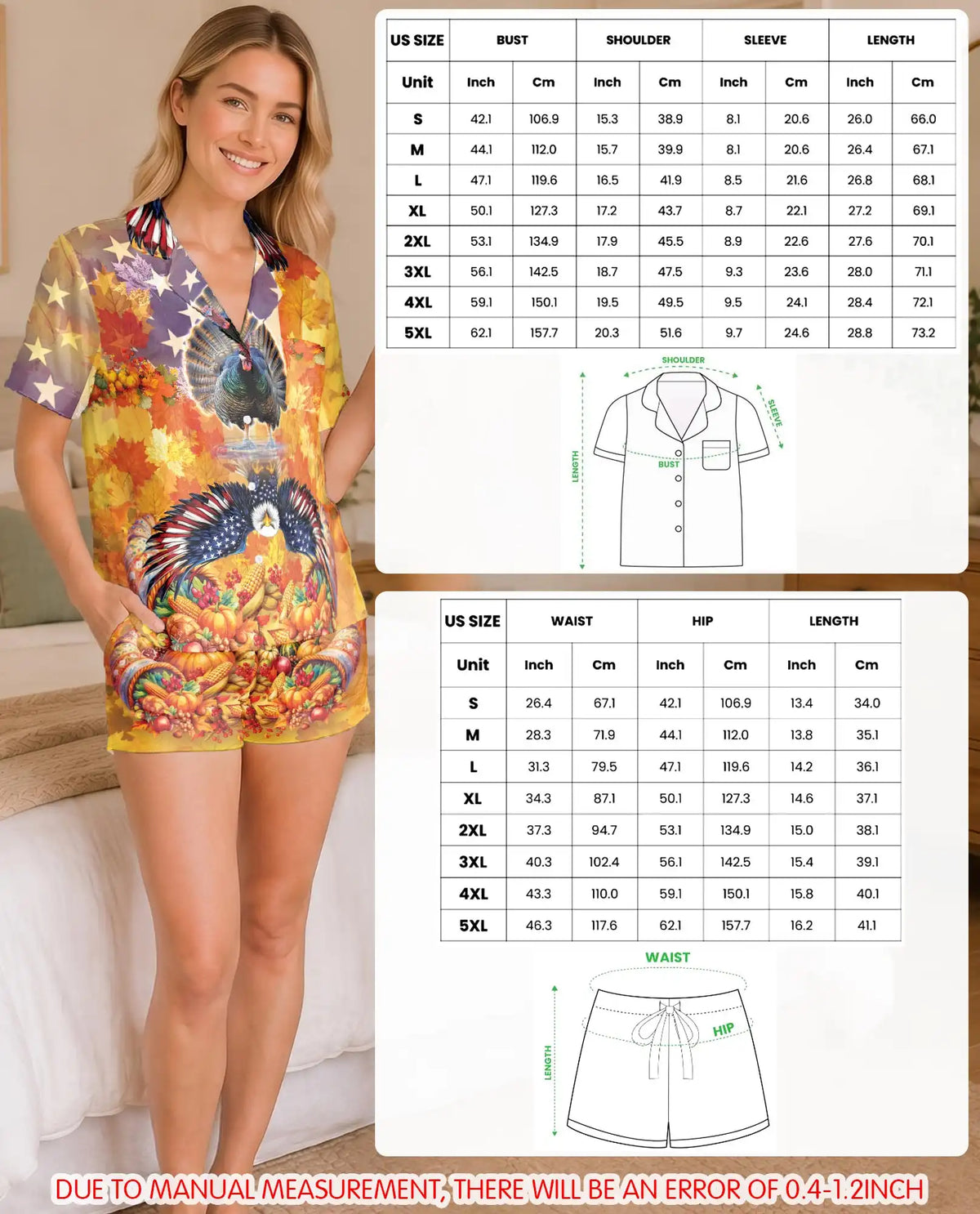 Thanksgiving Turkey Pajama Set for Women, Fall Harvest Holiday Sleepwear