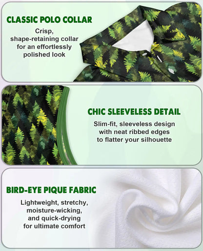 Pine Tree Pattern Sleeveless Polo Shirt for Women, Nature Outdoor Style | Azhawaiian