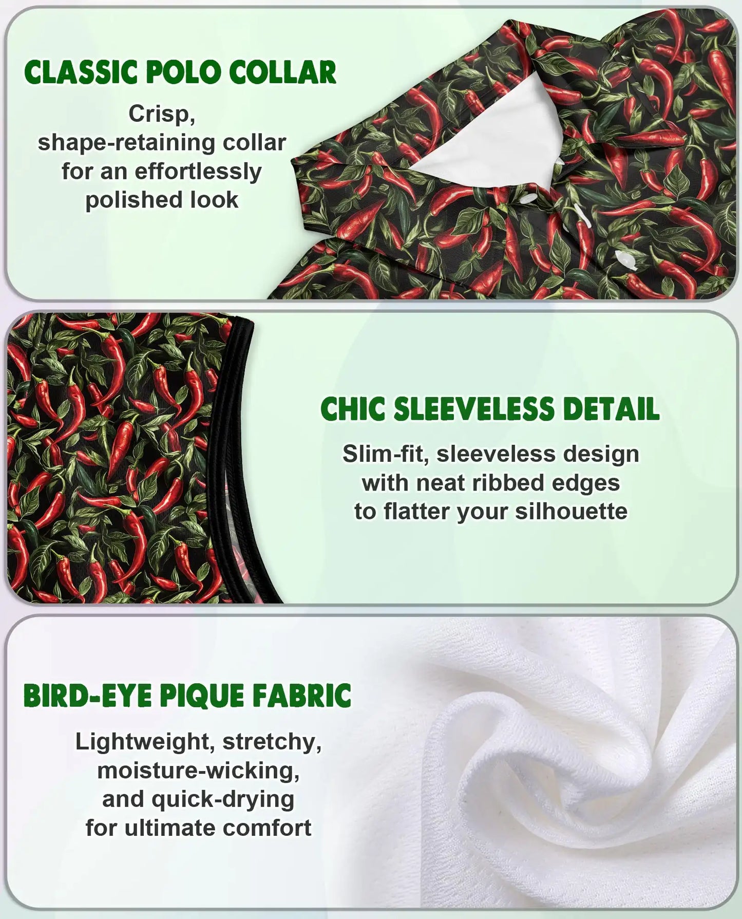 Chilli Pepper Pattern Sleeveless Polo Shirt for Women, Spicy Food Lover Style | Azhawaiian