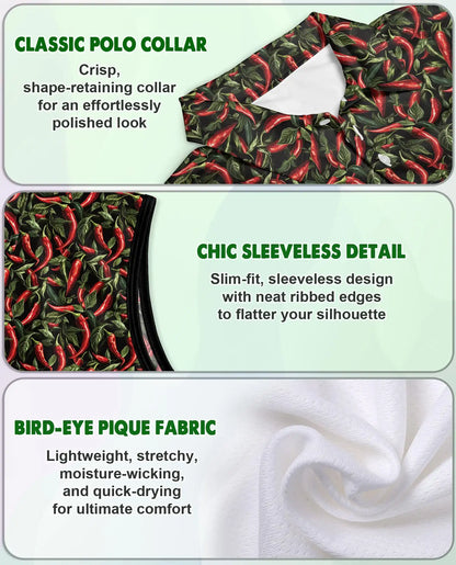 Chilli Pepper Pattern Sleeveless Polo Shirt for Women, Spicy Food Lover Style | Azhawaiian