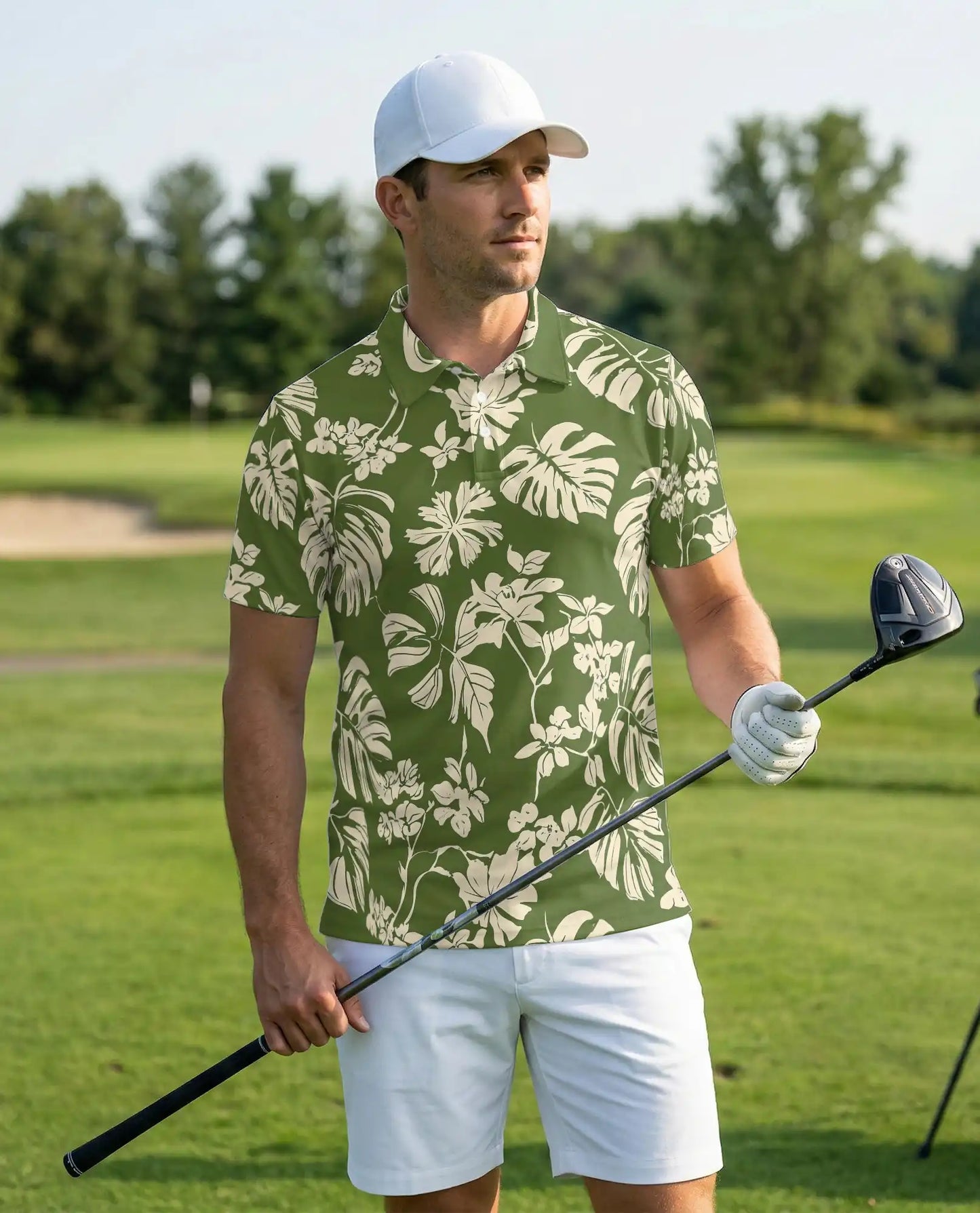 Tropical Floral Polo Shirt, Olive Monstera Print | Azhawaiian