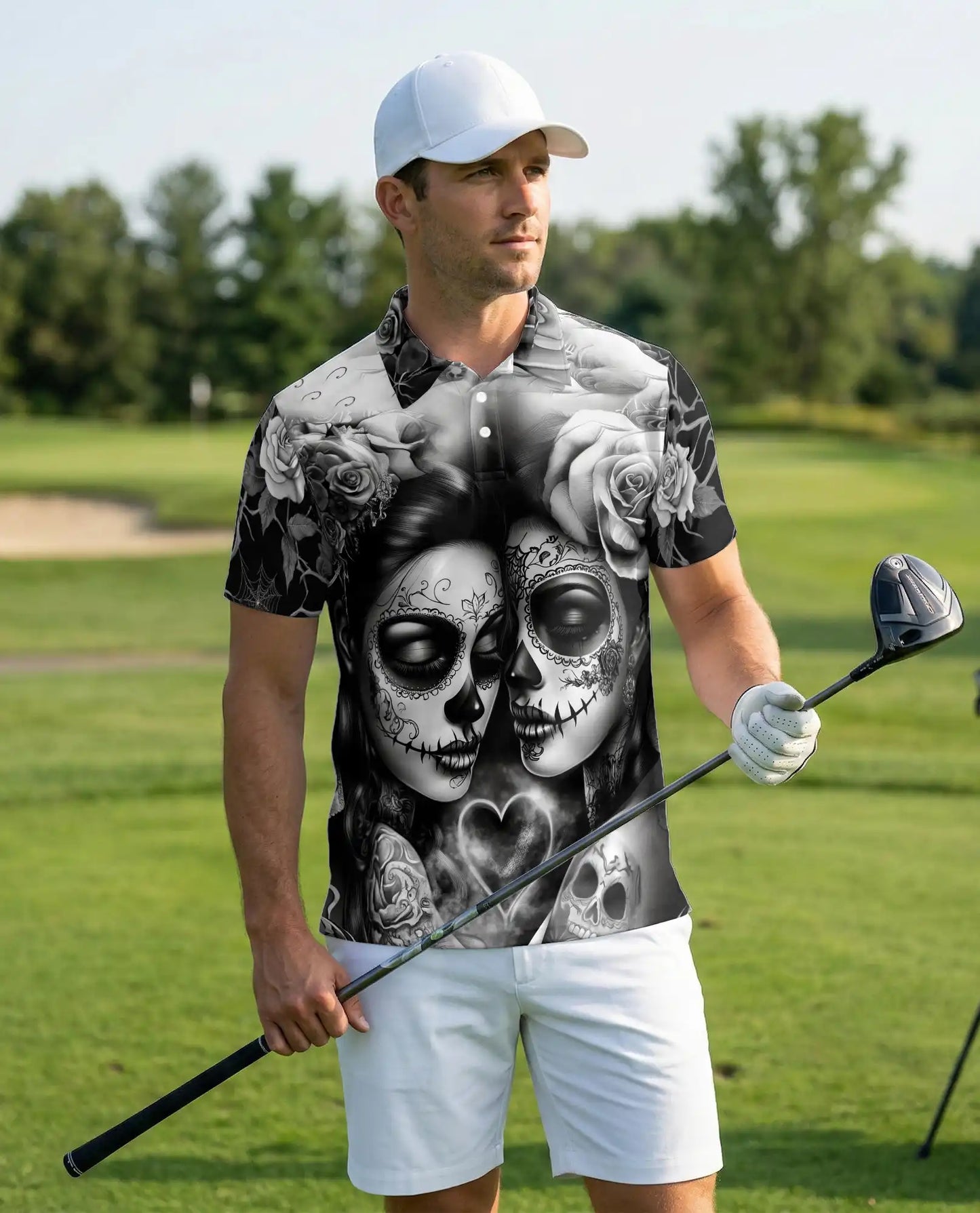 Sugar Skull Couple Polo Shirt, Gothic Rose Print | Azhawaiian