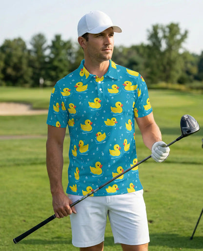 Cute Yellow Duck 3D Polo Shirt for Men, Funny Bath Duck Ocean Style | Azhawaiian