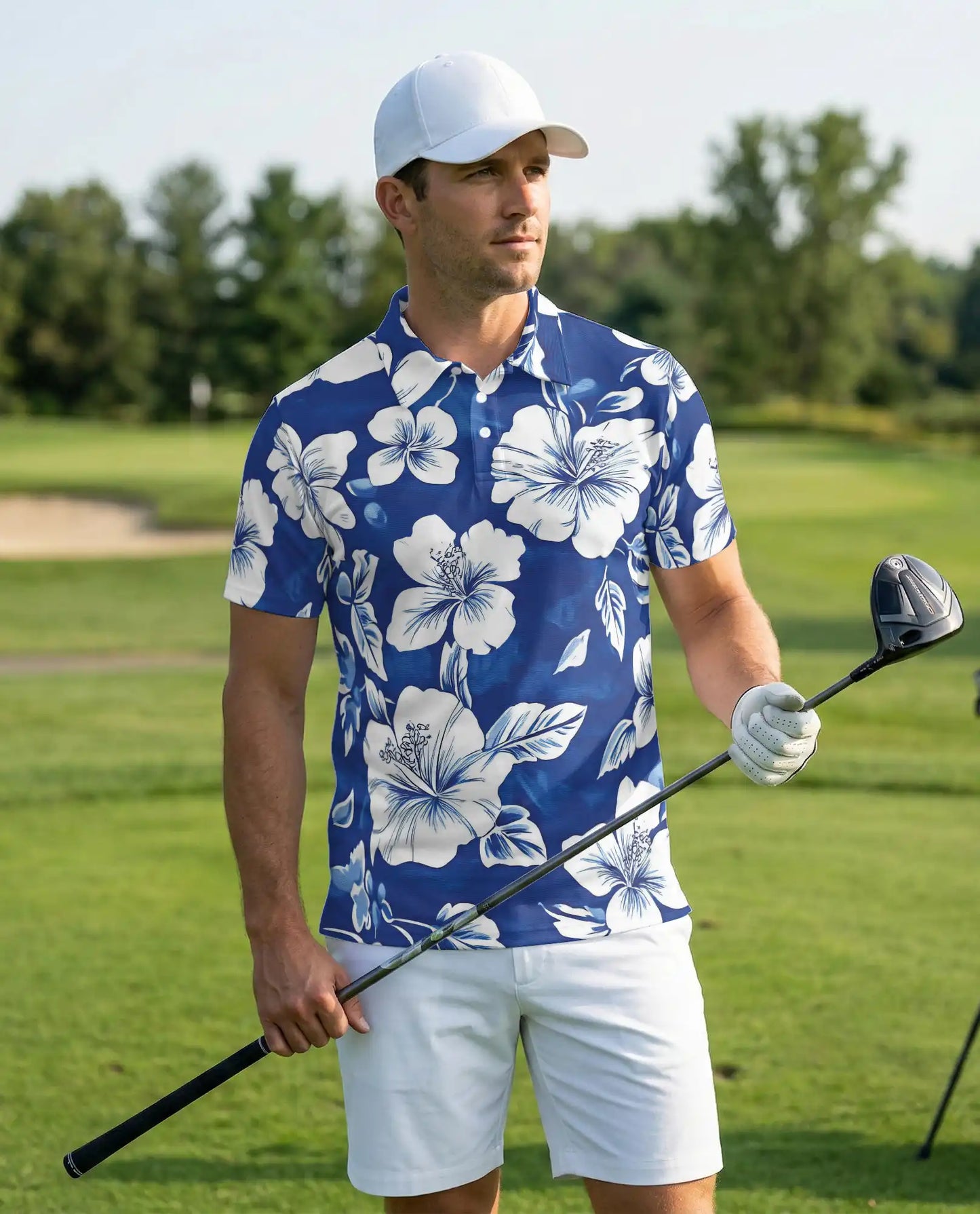 Blue White Hibiscus Polo Shirt | Azhawaiian