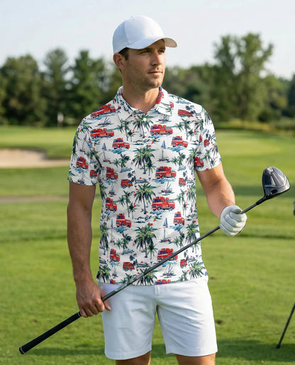 Fire Truck Beach Pattern Polo Shirt | Azhawaiian