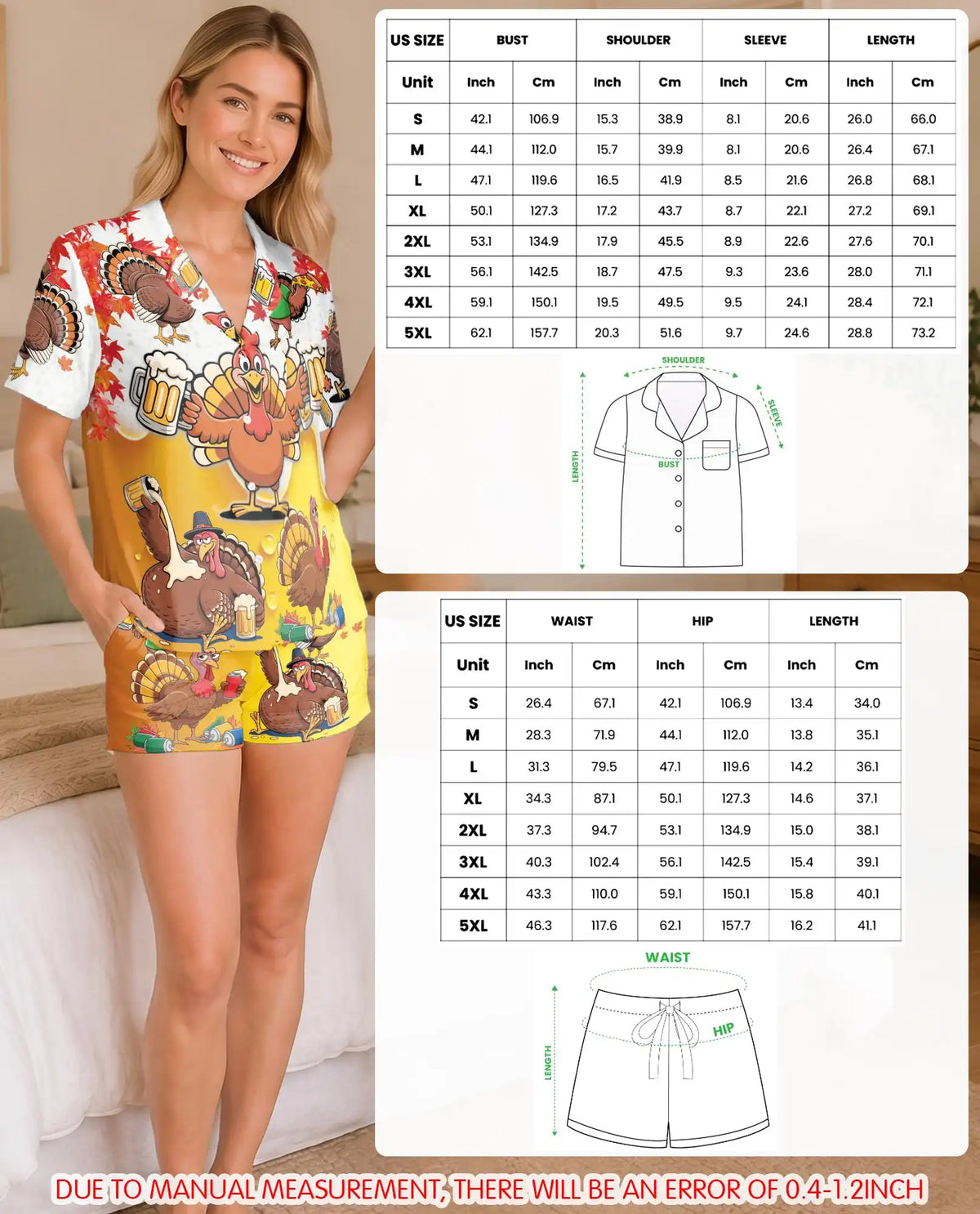 Funny Thanksgiving Turkey Pajama Set for Women – Beer & Fall Leaves Print