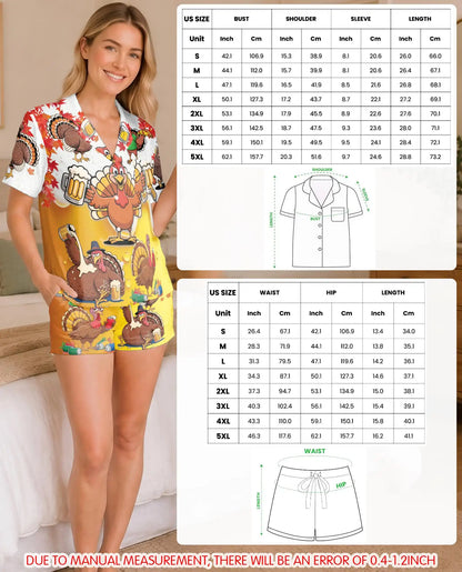 Funny Thanksgiving Turkey Pajama Set for Women – Beer & Fall Leaves Print