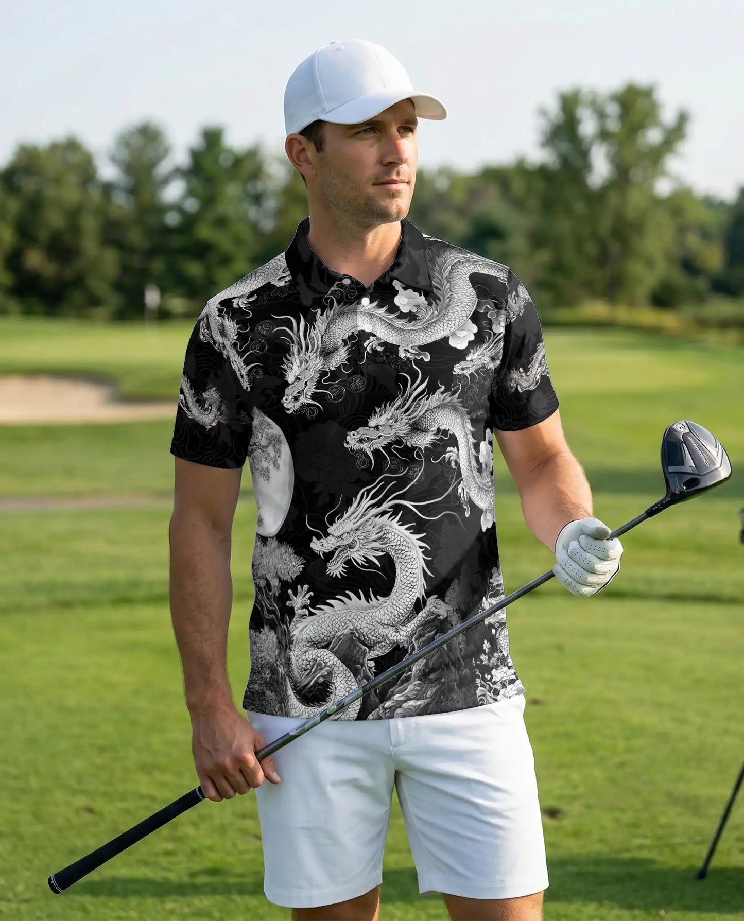 Black White Asian Dragon 3D Polo Shirt for Men, Monochrome Fantasy Style | Azhawaiian