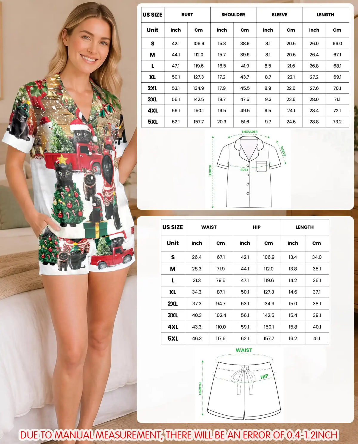 Black Cat Christmas Pajama Set for Women – Red Truck & Snowman Print