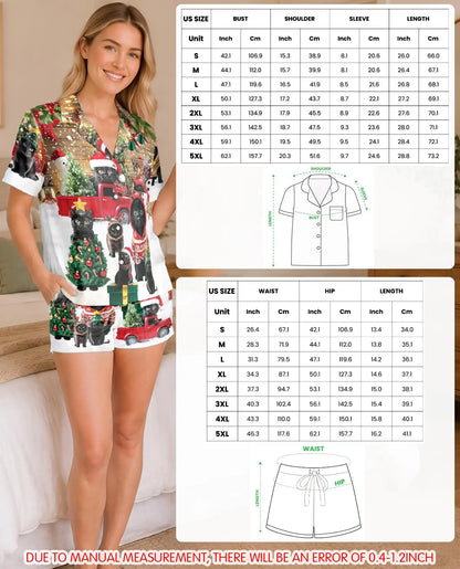Black Cat Christmas Pajama Set for Women – Red Truck & Snowman Print