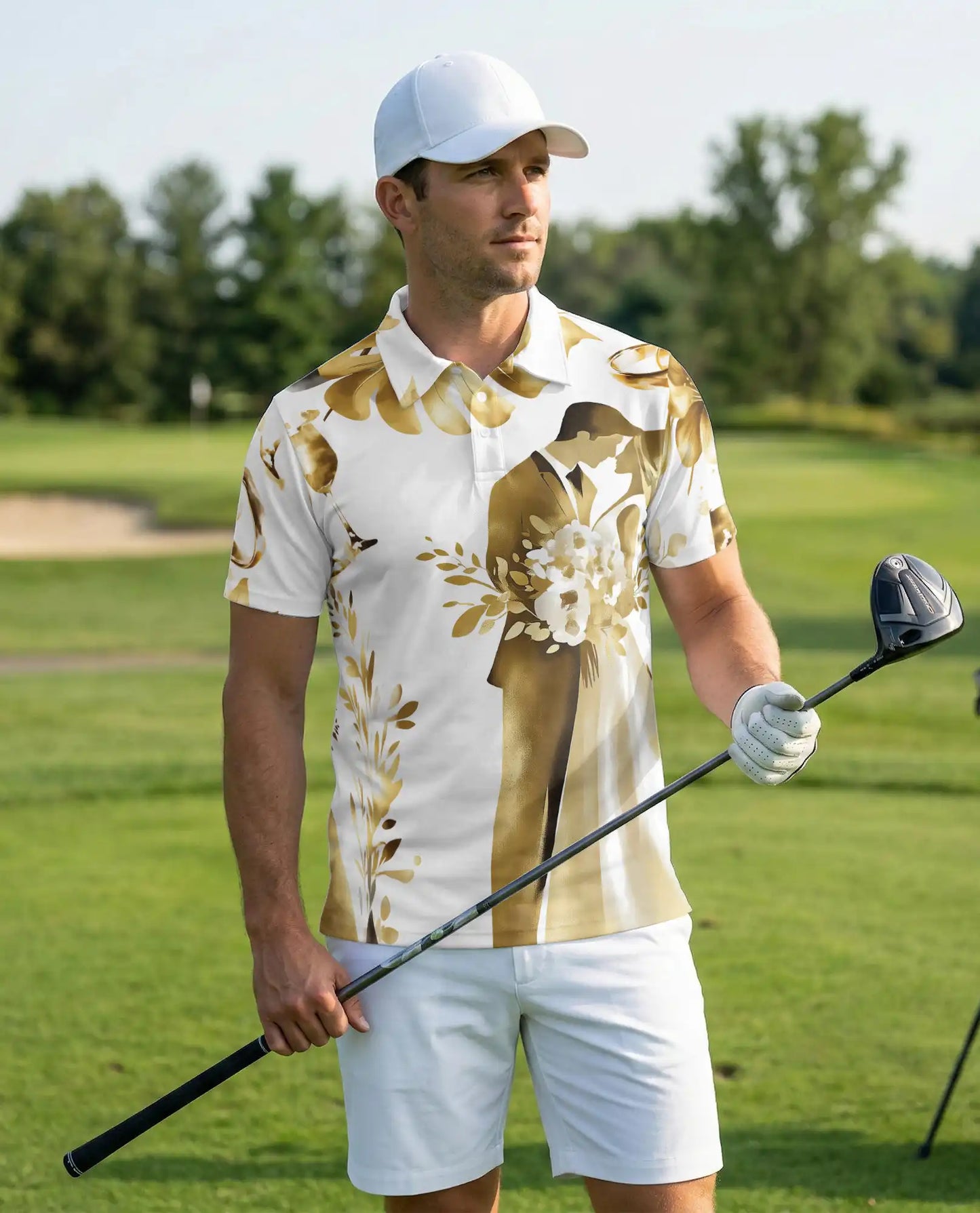 Golden Wedding Couple Polo Shirt For Men-  Bride Groom Print | Azhawaiian