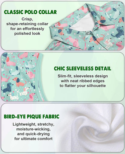 Dachshund Print Sleeveless Polo Shirt for Women, Cute Dog Lover Style
