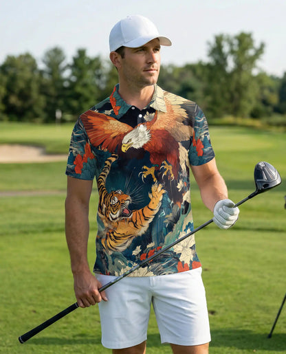 Eagle Tiger 3D Polo Shirt for Men, Fierce Wildlife Predator Style | Azhawaiian