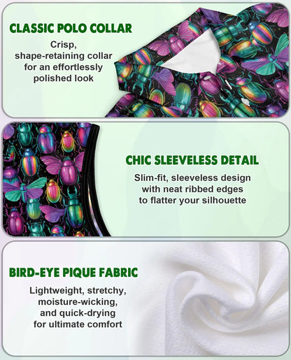 Iridescent Beetle Pattern Sleeveless Polo Shirt for Women