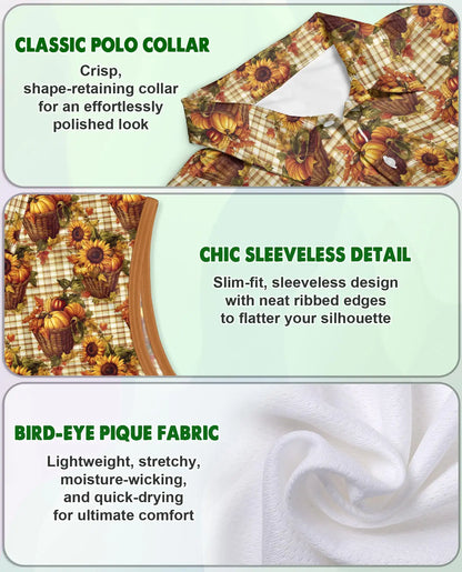 Pumpkin And Sunflower Basket Pattern Sleeveless Polo Shirt for Women  | Azhawaiian