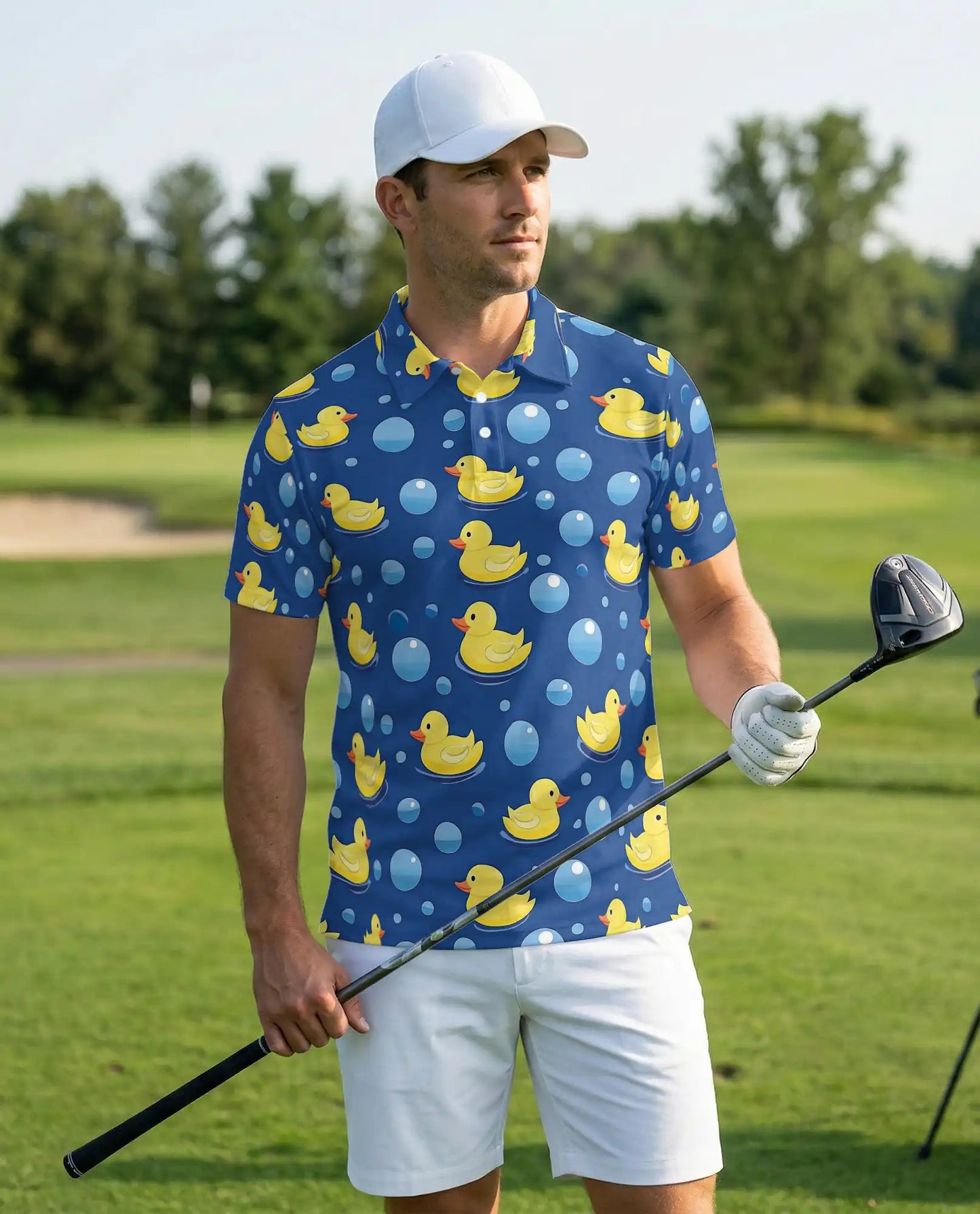 Cute Rubber Duck Bubble 3D Polo Shirt for Men, Fun Cartoon Bath Style | Azhawaiian