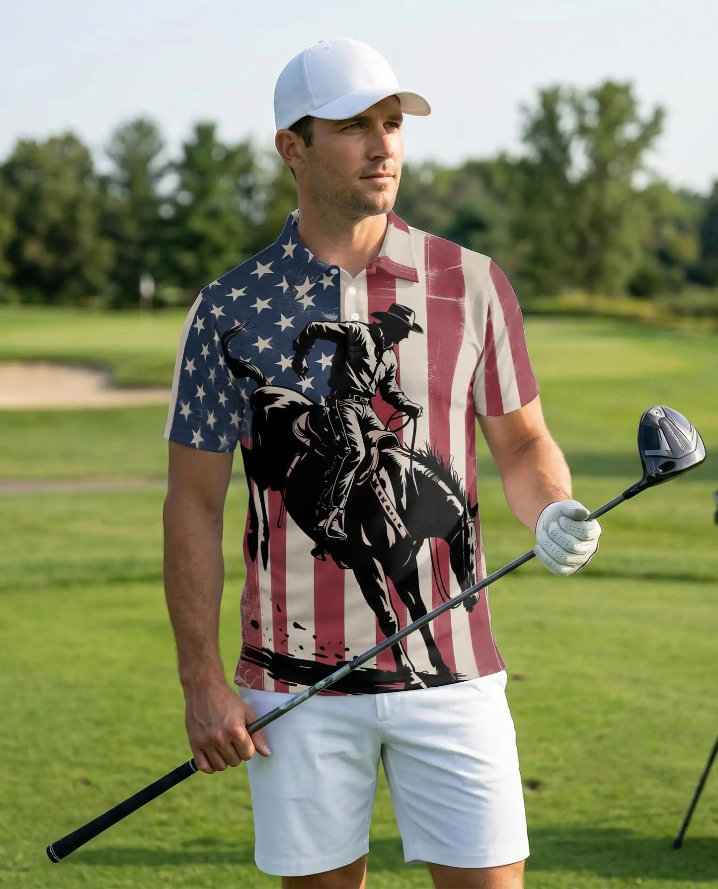 American Rodeo Polo Shirt for Men, USA Flag Western Style | Azhawaiian