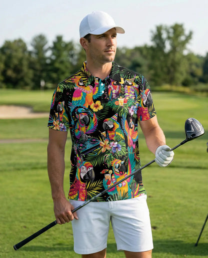 Tropical Party Parrot Polo Shirt Colorful Macaw DJ Hawaiian Design | Azhawaiian