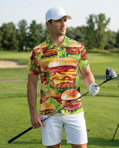Funny Burger Food 3D Polo Shirt for Men, Fast Food Lover Style | Azhawaiian