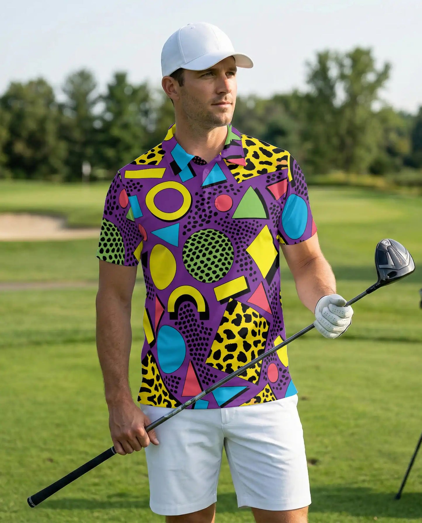 80s Retro Geometric Polo Shirt for Men | Azhawaiian