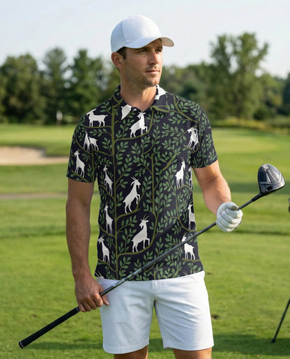 Botanical Goat Polo Shirt, Woodland Nature Print | Azhawaiian