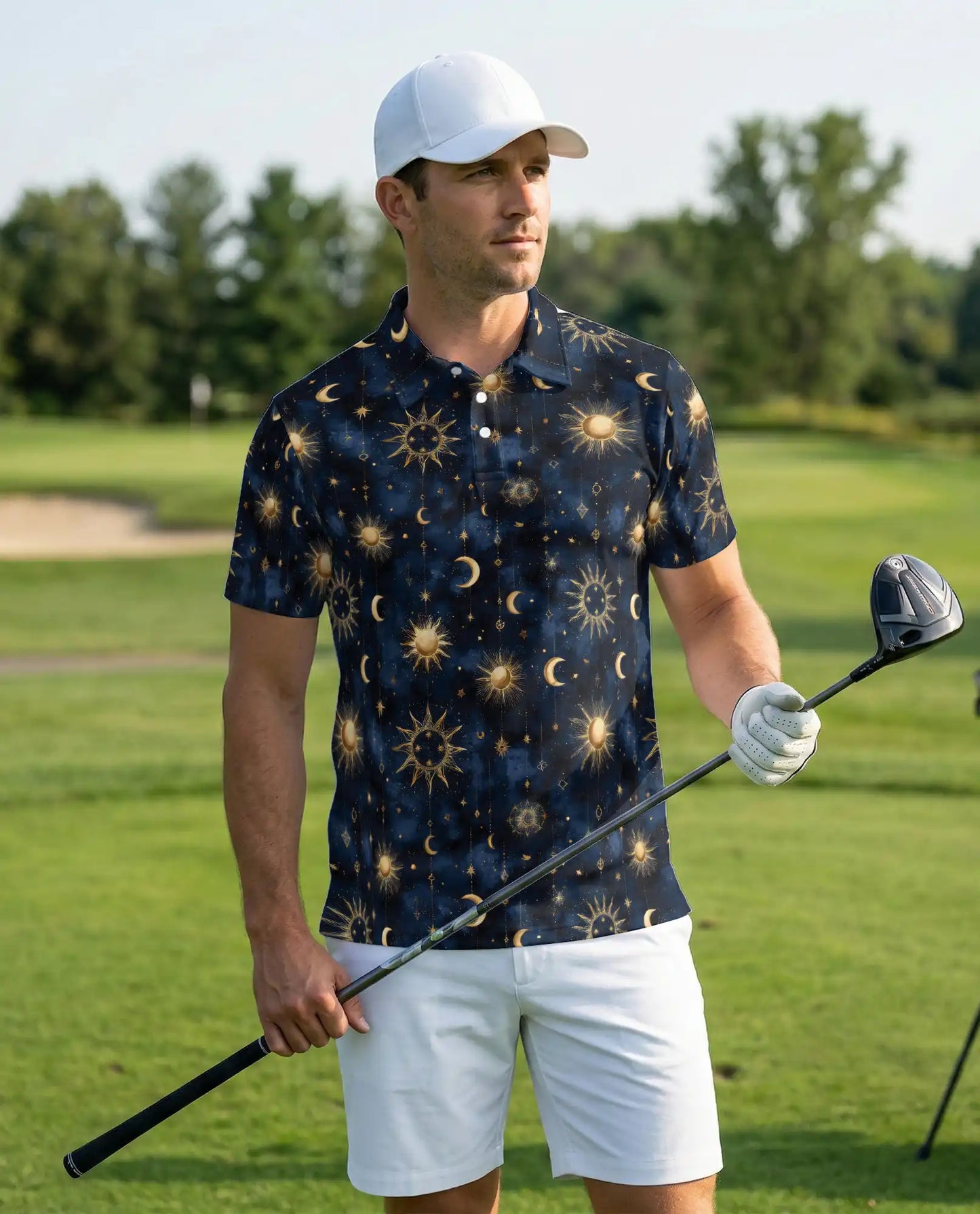 Celestial Sun Moon Polo Shirt for Men- Starry Night Pattern | Azhawaiian