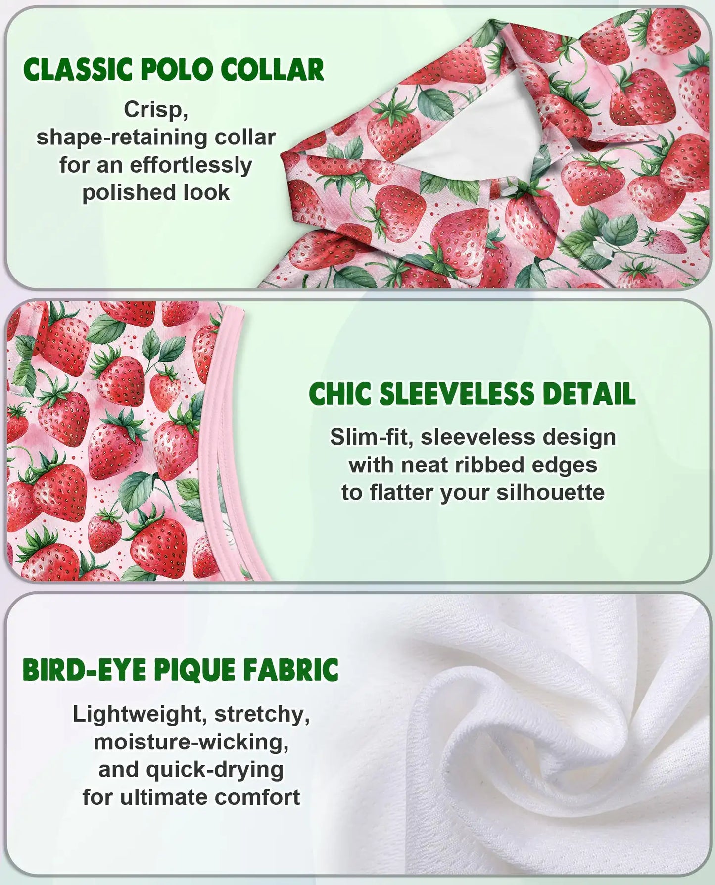 Allover Strawberry Print Sleeveless Polo Shirt for Women | Azhawaiian