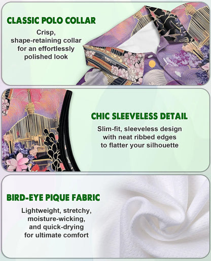 Japanese Ukiyo-e Sakura Cherry Blossom Sleeveless Polo Shirt for Women | Azhawaiian