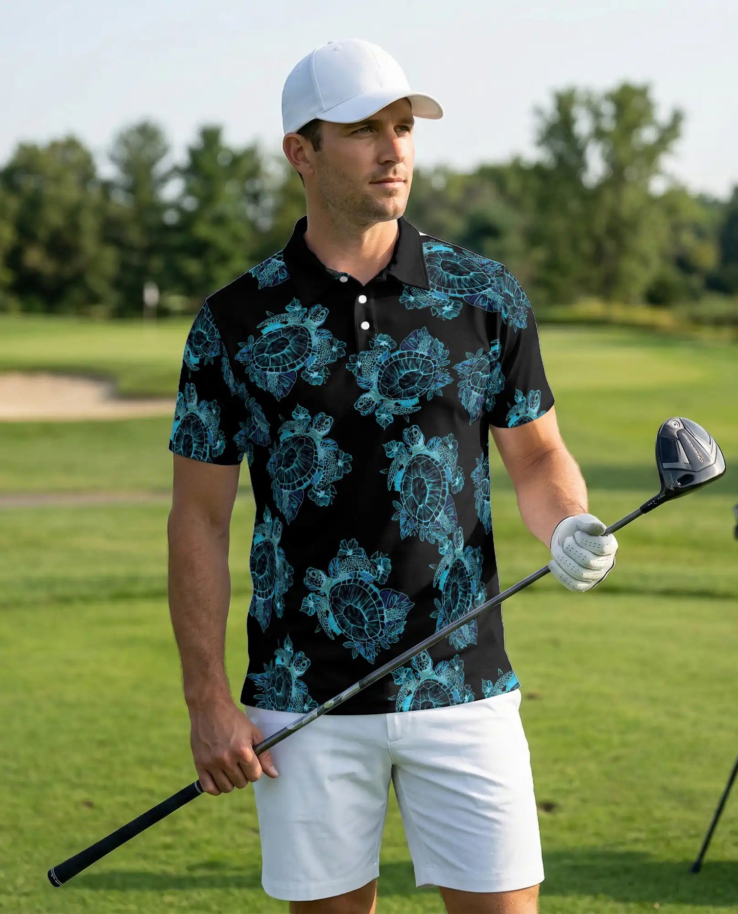 Sea Turtle Polo Shirt, Blue Tribal Hawaiian Print | Azhawaiian