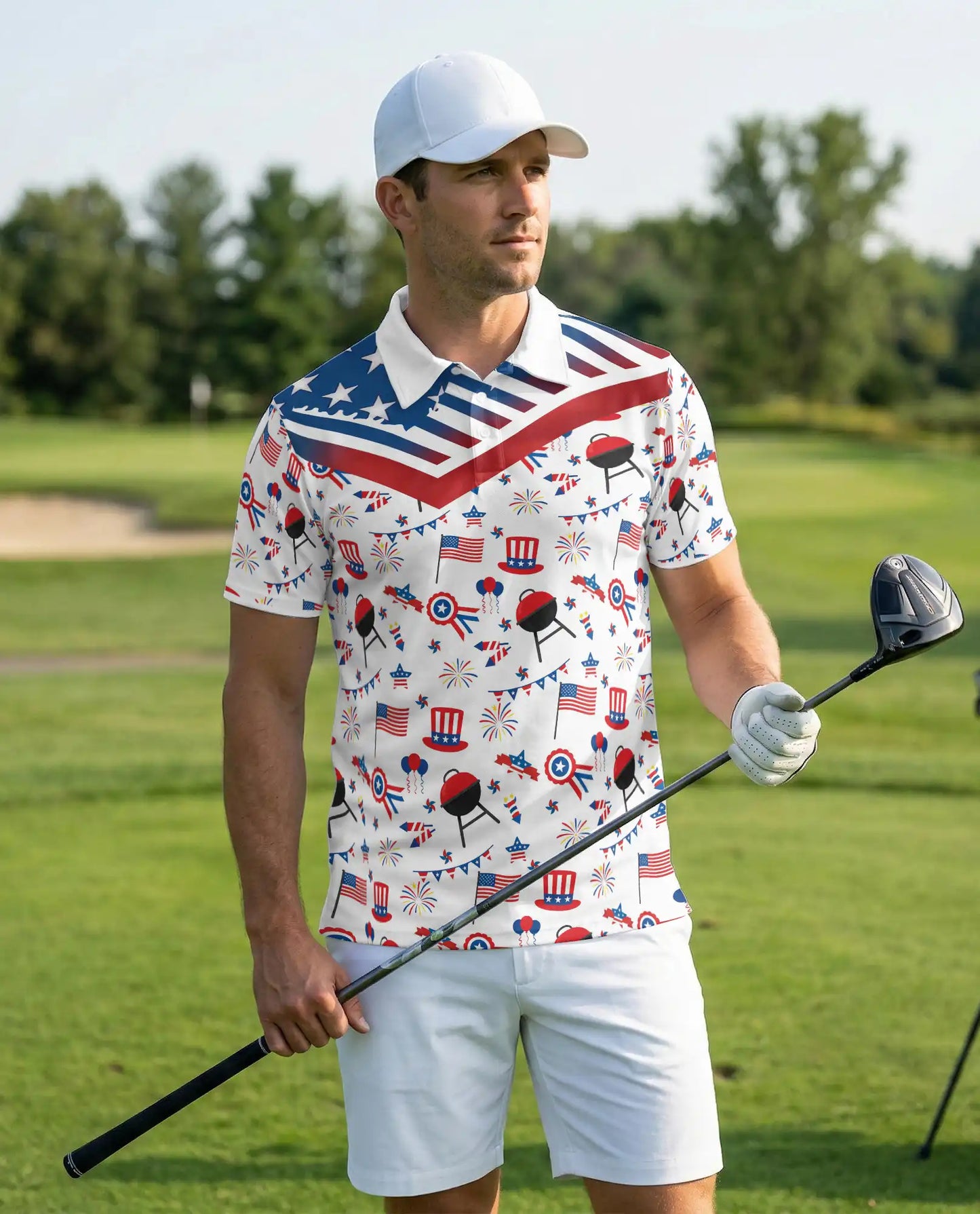 4th of July BBQ Hawaiian Polo Shirt for Men Patriotic American Flag Cookout Party Shirt | Azhawaiian