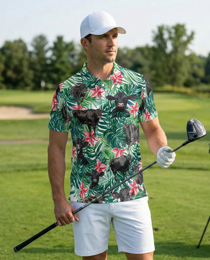 Black Cow Tropical Polo Shirt, Floral Jungle Print | Azhawaiian