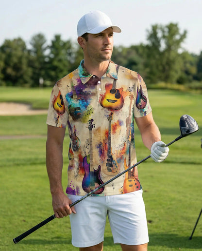 Watercolor Guitar Polo Shirt, Artistic Music Print | Azhawaiian