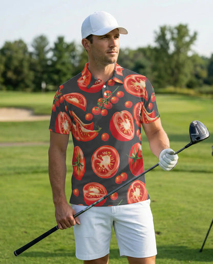 Tomato Slice 3D Polo Shirt for Men, Funny Food Lover Style | Azhawaiian