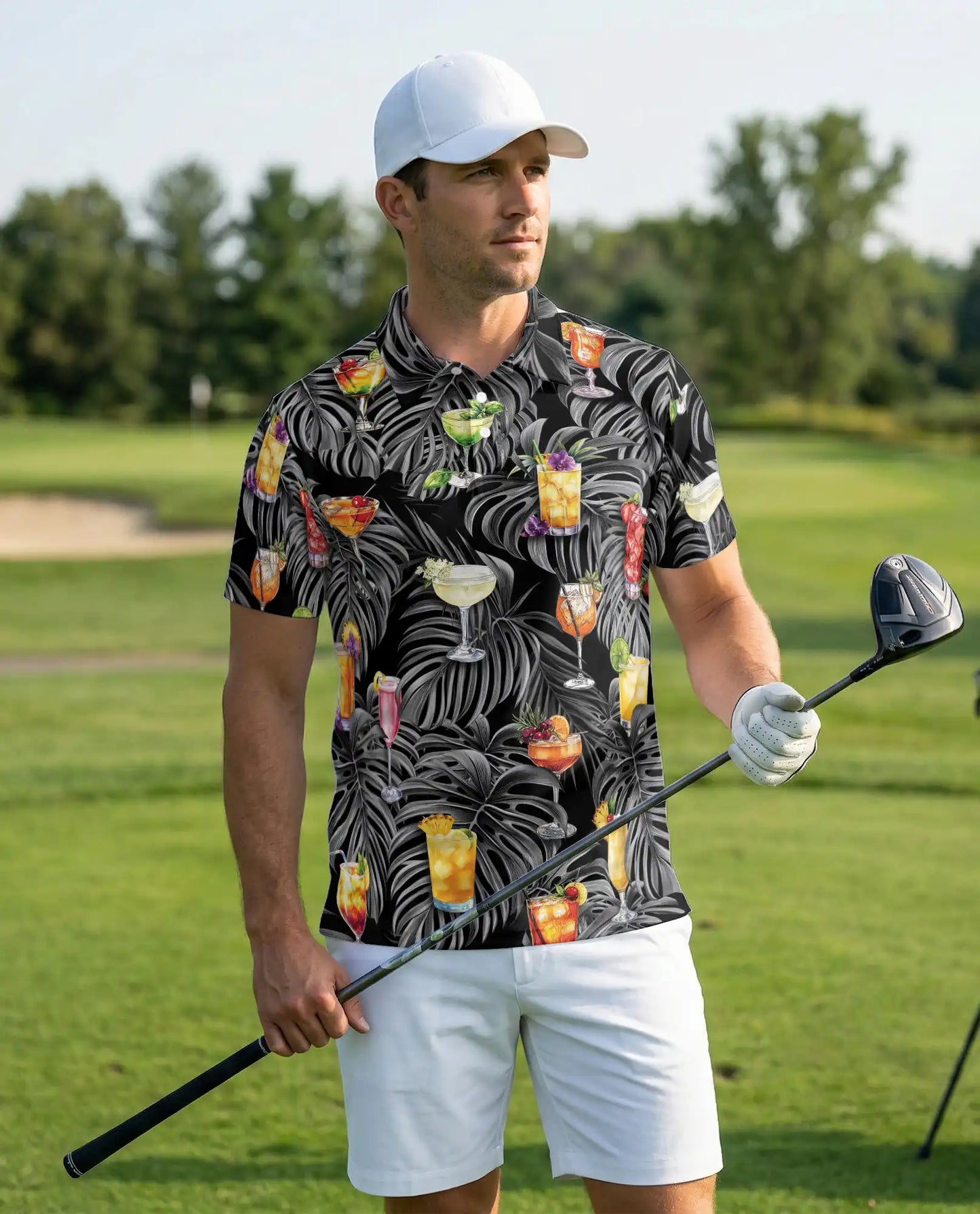 Tropical Cocktail Polo Shirt, Monstera Leaf Print | Azhawaiian