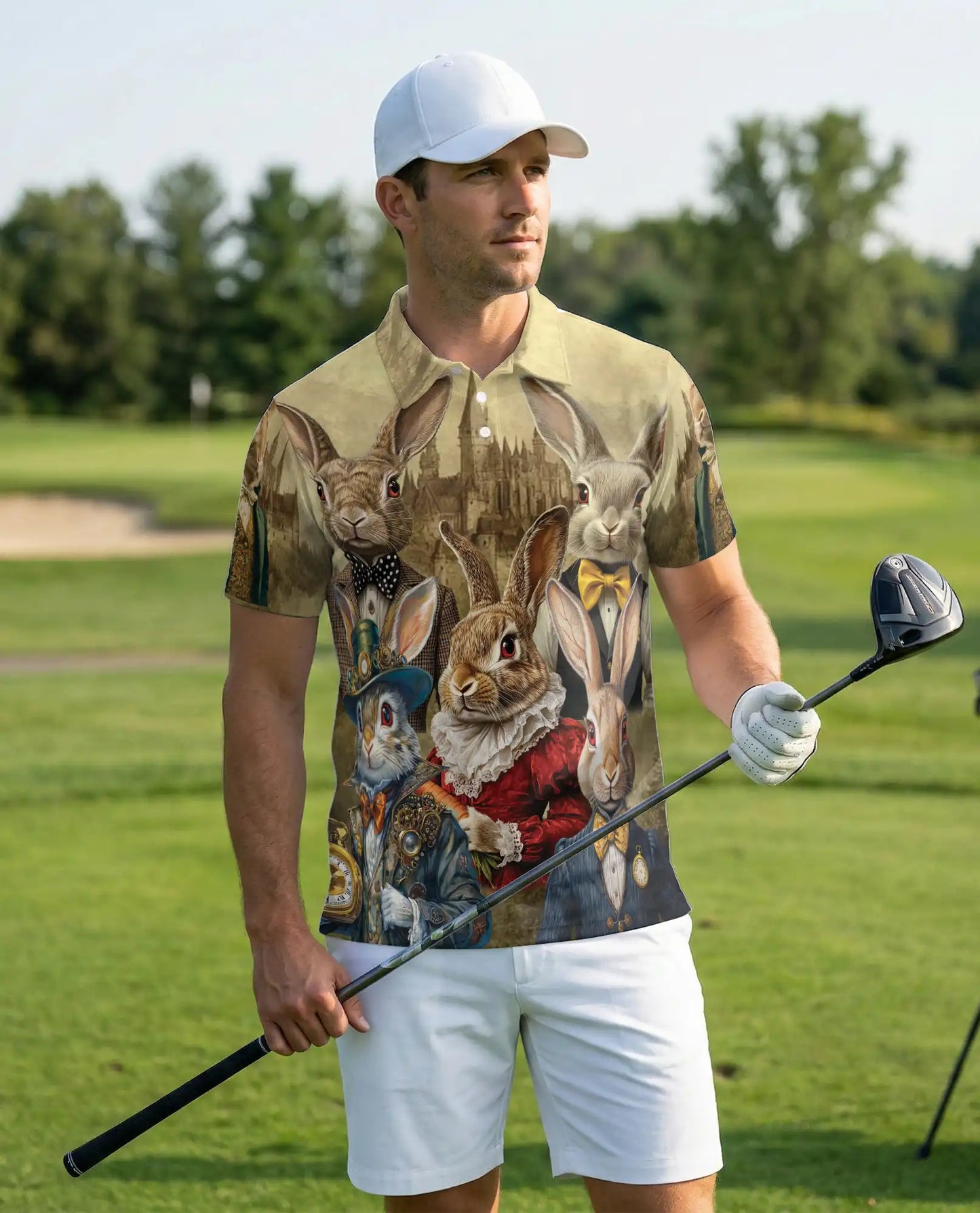 Vintage Rabbit 3D Polo Shirt for Men, Victorian Bunny Art Style | Azhawaiian