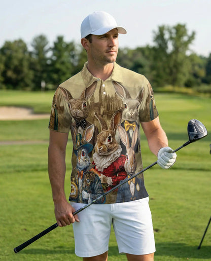 Vintage Rabbit 3D Polo Shirt for Men, Victorian Bunny Art Style | Azhawaiian
