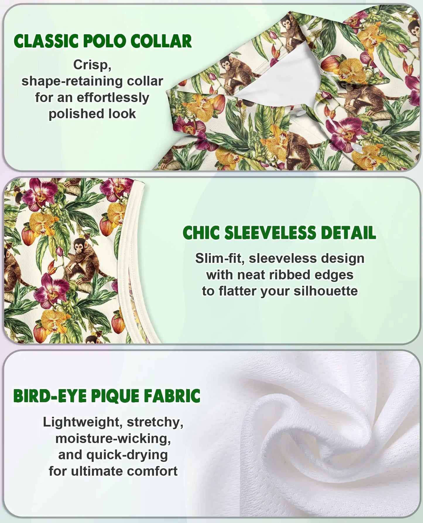 Tropical Monkey Sleeveless Polo Shirt for Women, Cute Jungle Animal Style | Azhawaiian