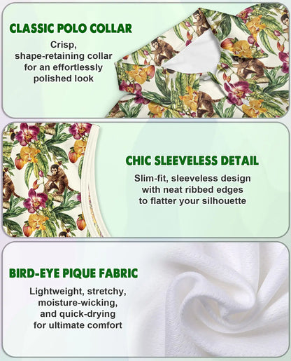 Tropical Monkey Sleeveless Polo Shirt for Women, Cute Jungle Animal Style | Azhawaiian
